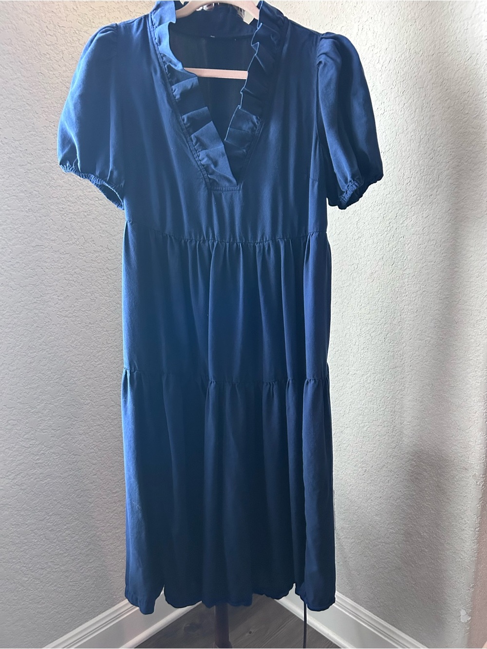 Women's Navy Ruffle V-Neck Tiered Dress